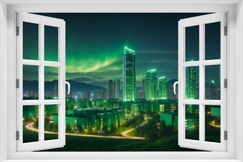 A futuristic city with a night view. Aurora skyline. Green energy-driven cityscape. Future world. Save planet Earth.
