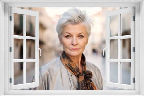 Close-up portrait photography of a content mature woman wearing a delicate silk blouse at the dubrovnik old town in dubrovnik croatia. With generative AI technology