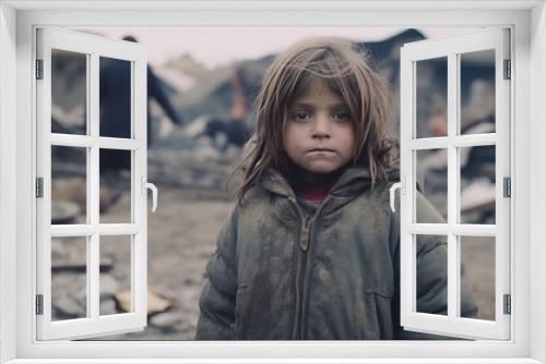 Hungry starving poor little child looking at the camera in the midst of war ruins.Generative ai