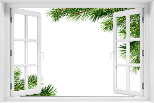 Fototapeta Naklejka Na Ścianę Okno 3D - Christmas corner arrangement with green pine twigs isolated on white or transparent background