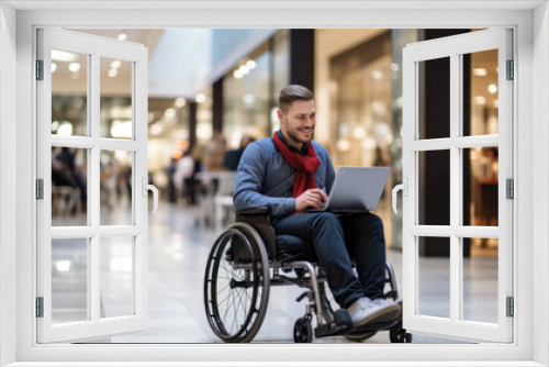 A man in a wheelchair works on a laptop in the background of a shopping center