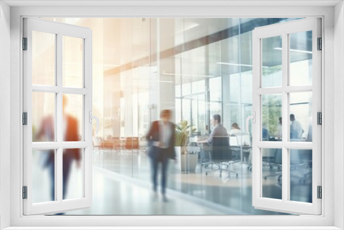 blurred business people in white glass office. Abstract blurred office interior space background. blue and orange colors. Business concept