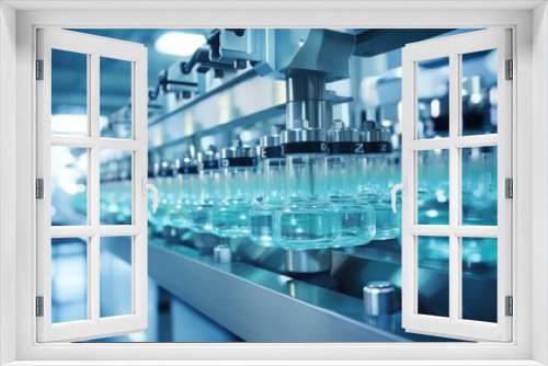 Pharmaceutical excellence, essence of pharmaceutical manufacturing with the smooth flow of medical vials along a modern assembly line.