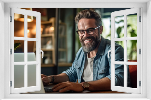 photograph of A happy man paying bills online with laptop in living room. Online shopping.generative ai