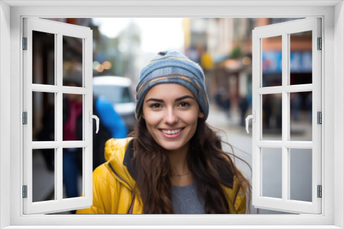 Portrait of beautiful young female on the city street in Bogota or Rio or Caracas