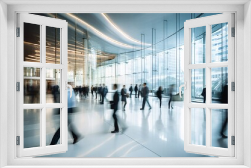 a sleek, modern office lobby with towering glass walls and reflective marble floors. From a vantage point, capture a swarm of businesspeople, appearing as blurred figures, rapidly moving and crossing 