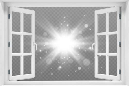 Fototapeta Naklejka Na Ścianę Okno 3D - White glowing light explodes on a transparent background. Bright Star. Transparent shining sun, bright flash. Vector graphics.	
