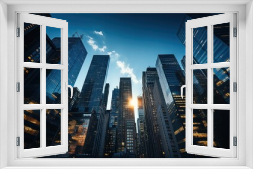 Photograph of urban corporate skyscrapers shot from below towards a blue sky. Generative AI.