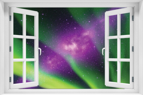 Fototapeta Naklejka Na Ścianę Okno 3D - Colorful polar lights. Purple green aurora borealis. Night starry sky