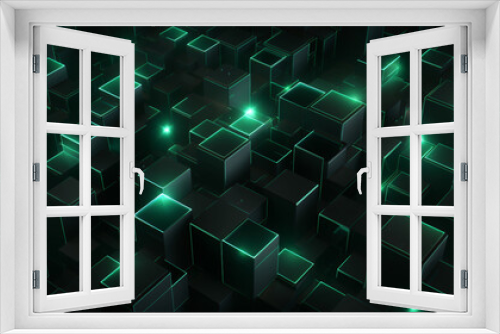 Abstract background with green glowing cubes. 