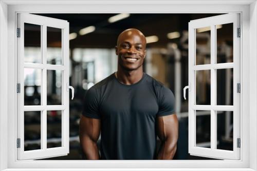 Smiling portrait of a happy young male african american fitness instructor in an indoor gym