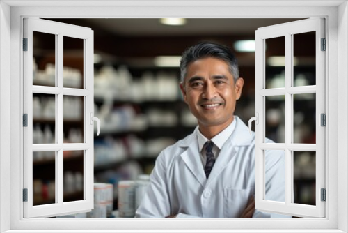 Happy Asian Indian male pharmacist standing in pharmacy