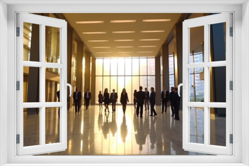 business people running away in conference room of office building