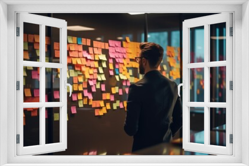 Web designer is working with brainstorming board full of sticky note from colleague. business teamwork concept picture.