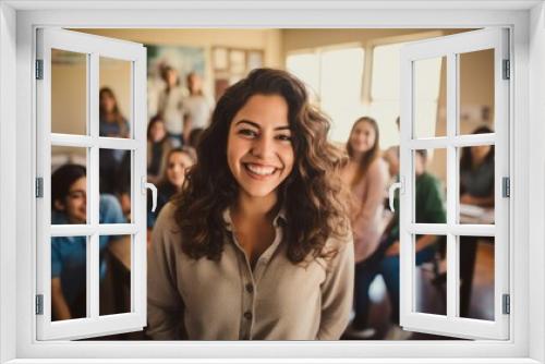 In brightly lit classroom in small town, young Latina teacher, wielding power of activelistening, guides students through guided imagery exercise. purpose to equip them with cognitive restructuring