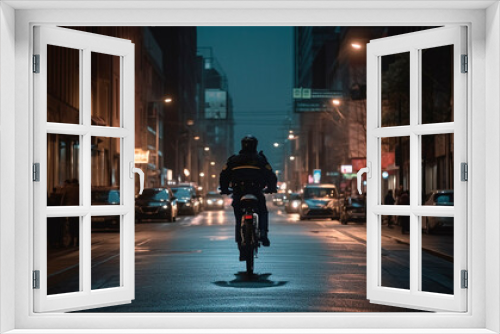 Silhouettes of young adults cycling in the city at dusk generated by AI