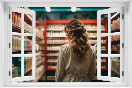 Rear view of woman looking at shelves with medicines in drugstore