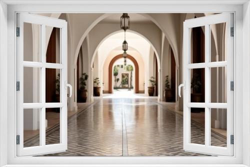 A hallway with arched doorways and mosaic tile flooring