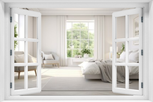 Interior of white modern classic bedroom in luxury cottage or hotel. Large comfortable bed, poster on the wall, armchairs, plant in a pot, large windows with garden view. Mockup, 3D rendering.