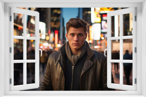 Young male model in winter attire, striking a pose in Times Square, New York; quintessence of city winter fashion.