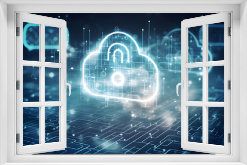 Data encryption in the cloud with an image of data blocks floating in a cloud-filled sky, secured by digital locks, symbolizing the safety of cloud-based information