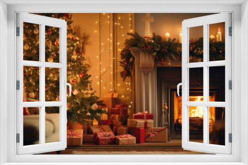 Christmas tree in a cozy living room with a fireplace and candels