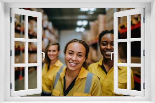 Smiling portrait of a young and diverse group of female warehouse workers and managers working in a warehouse