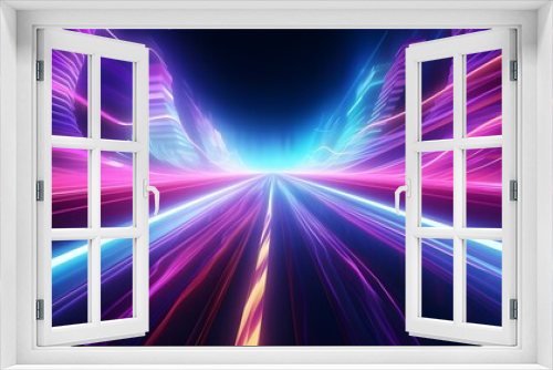 High-speed blur zoom effect, neon color motion on a speedway, panoramic high-speed technology concept, lights abstract background. Sci-fi illustration with neon lights and road. Generative AI.