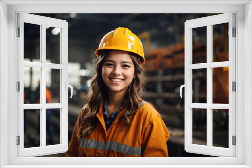 Girl teen worker with safety helmet happy smiling working labor in industry factory with steel