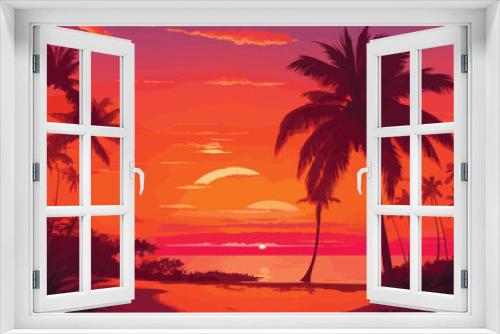 Fototapeta Naklejka Na Ścianę Okno 3D - Illustrate a tropical paradise at sunset, where palm trees cast long shadows on golden sands, and vibrant hues of orange and pink fill the sky as the sun dips below the horizon.