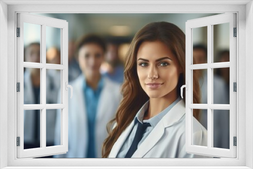 portrait of a female doctor standing crossed arm and looking at hospital