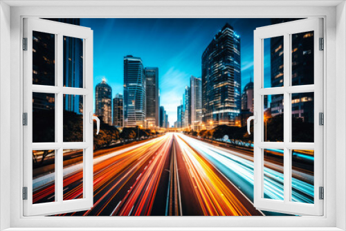 Long exposure photograph of a busy highway or main street in a modern or futuristic city