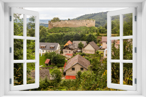 Lansperk village under Lansperk castle ruin, Czech Republic