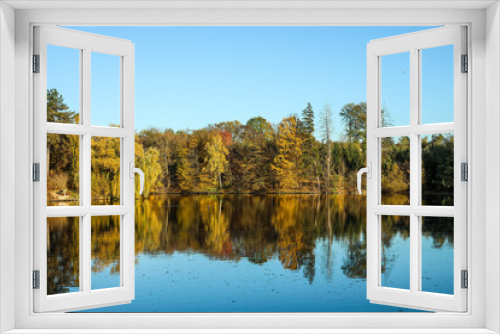 Fototapeta Naklejka Na Ścianę Okno 3D - View of beautiful lake and yellow trees on autumn day
