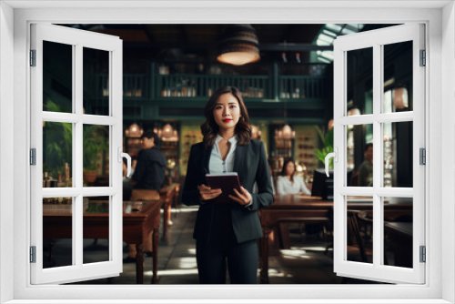 business asian woman hold tablet standing in cafe