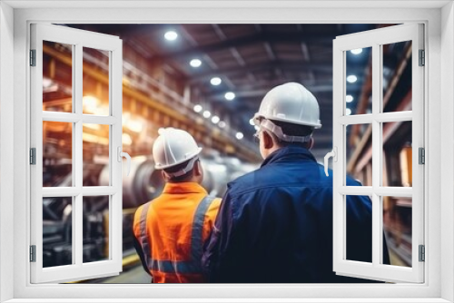 Engineers and factory managers wearing safety helmet inspect the machines in the production. inspector opened the machine to test the system to meet the standard. machine, maintenance