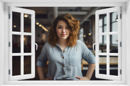 portrait of young creative woman at work wearing a blue chambray shirt and jeans smiling to camera in casual office