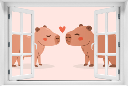 Fototapeta Naklejka Na Ścianę Okno 3D - Capybaras in love. Vector illustration of two capibaras with heart on pink. Print for card, tshirt design, poster.