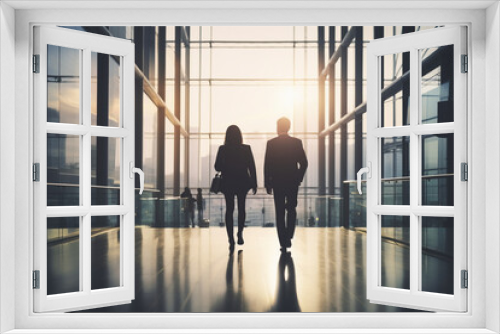 Rear view of two business people walking in office