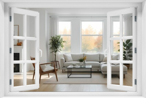 A living room with a modern sense.(home) A view with a sofa and a frame, with an autumn atmosphere, and a neat picture of the interior of the apartment. Generative AI