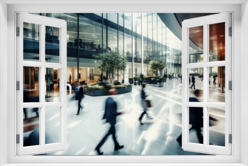 Top view Long exposure shot of modern office lobby with business people blurred walking in fast movement