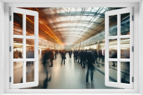 A bustling airport terminal filled with hurried travelers, reminiscent of a busy train station depot