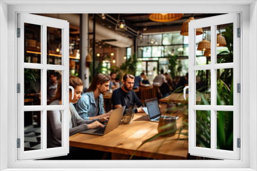 Freelancers engrossed in their work in a vibrant coworking open space, using laptops and notebooks amidst an atmosphere of productivity