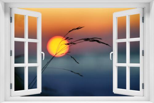 Fototapeta Naklejka Na Ścianę Okno 3D - Zachód słońca nad morzem na tle traw.