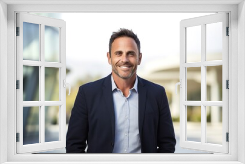 portrait of a happy Israeli man in his 40s wearing a chic cardigan against a modern architectural background