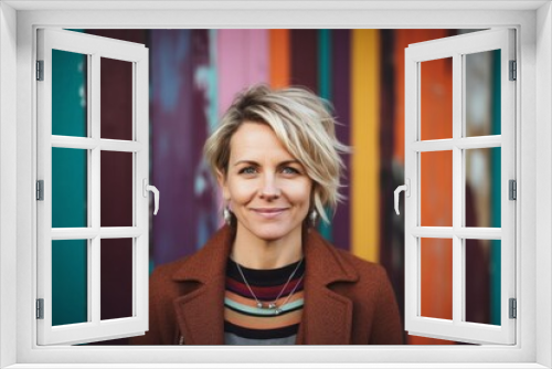 portrait of a Polish woman in her 40s wearing a chic cardigan against an abstract background