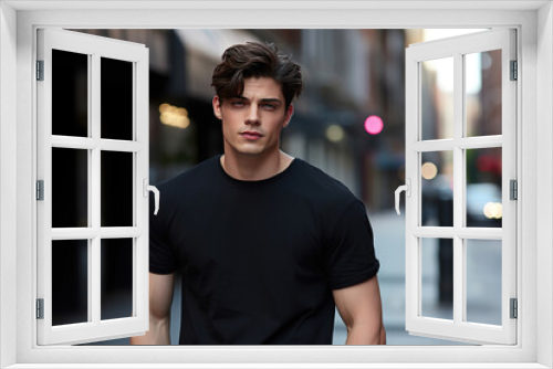 Male model in a classic black cotton T-shirt on a city street