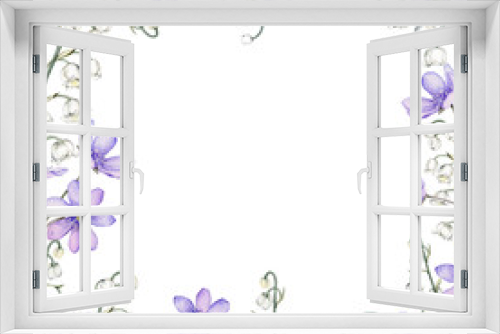 Fototapeta Naklejka Na Ścianę Okno 3D - Frame watercolor spring flowers. Coppice, hepatica - first spring flowers. Spring lily of the valley Illustration of delicate lilac flowers. Hand drawn texture with white and violet flowers