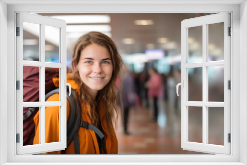 A smiling young woman carrying a backpack at the airport, travelling