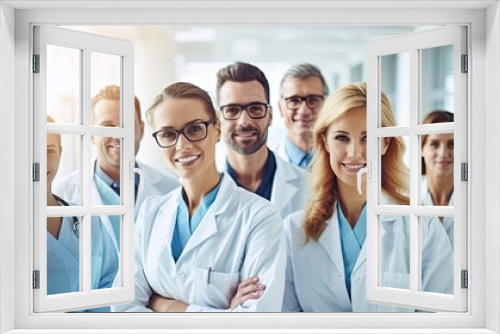 medical doctors are looking at camera and smiling while standing in hospital